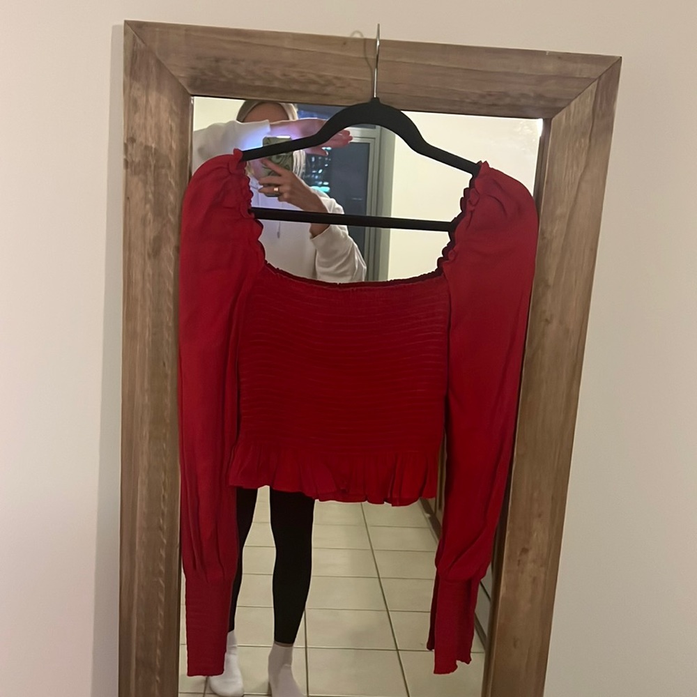 Red Smocked Long-Sleeve Crop Top - Women